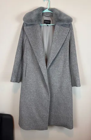 Club Monaco Baylee Gray Wool Blend Faux Fur Collar Belted Coat M thumbnail 1