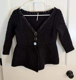 Free People Black Wool Cable Knit Button Cardigan Sweater Medium thumbnail 1