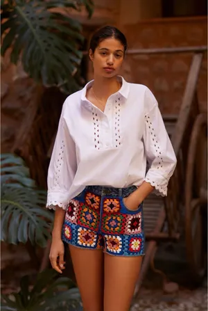 Anthro Farm Rio Ultra High-Rise Crochet Denim Shorts Size 26 thumbnail 2