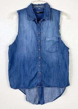 BDG Chambray Denim Distressed Hem Sleeveless Button Up Shirt thumbnail 1