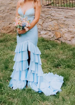 Sherri Hill Prom Dress Blue ruffle thumbnail 1