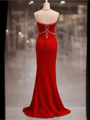 Alyce Paris Red Halter Maxi Dress Size 2 Beaded Keyhole High Slit NWT thumbnail 4