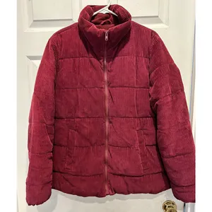 Old‎ Navy Womens Corduroy Puffer Jacket Burgundy Maroon Fleece Lined Large thumbnail 2