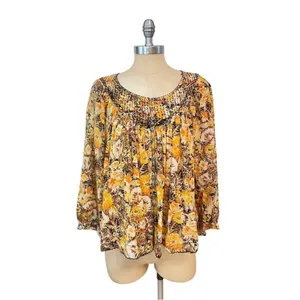 Free People We The Free Cool Meadow Midnight Combo Long Balloon Sleeves Boho Slouchy Top L thumbnail 5
