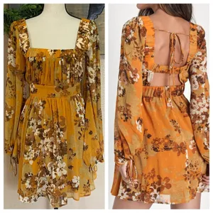NWOT Lulus Gorgeous Vibe Yellow Floral Print Babydoll Mini Dress thumbnail 2