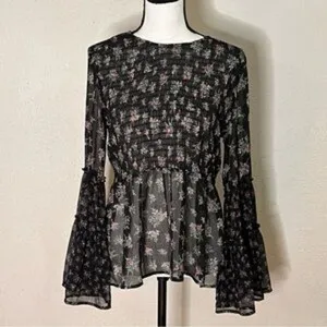 American Eagle Dark Floral Smocked Bell Sleeve Top Whimsigoth Fairy 70s Blouse M thumbnail 6