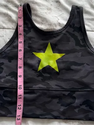 Strut dark grey Camo Sports Bra Top with Yellow Star, size XS athletic workout thumbnail 6