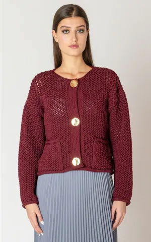 Zara‎ Burgundy Knit Cardigan Gold Hammered Buttons Cropped Sweater Small thumbnail 1