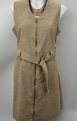 Sharagano khaki sleeveless full zipper sheath pocket dress thumbnail 1
