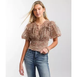 Free People Beatrice Floral Print Brown Lace Up Puff Sleeve Blouse Top Size S thumbnail 13