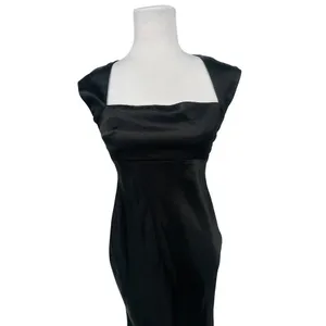 Vtg Scene Black Satin Maxi Mermaid Dress 3/4 Square Neck 90s Y2K Prom Goth Gown thumbnail 9
