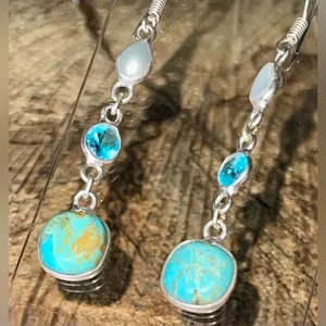 Faceted Tibet Turquoise Earrings 2 1/2” Gold thumbnail 1