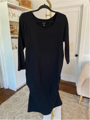 Isabel Maternity Black Ruched Bodycon Midi Dress Parisian Quiet Luxury Boho Chic thumbnail 2