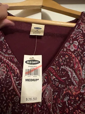 Old Navy Paisley Print Dress Medium Midi Length Long Sleeve Burgundy Nylon NWT thumbnail 2