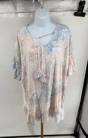 Surf Gypsy Eyelet Tie Dye Tassel Beach Dress Ruffle Flutter Sleeve M thumbnail 1