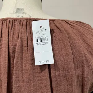 Loft Brown Gauze Cotton Dress Smocked Waist V‎ Neck Casual NWT Size S thumbnail 7