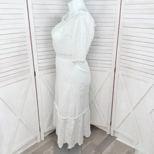 Betsey Johnson Eyelet Off The‎ Shoulder Smocked Waist Midi Dress White Large thumbnail 3