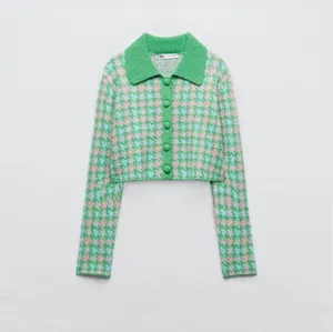 Zara Green‎ Pink Houndstooth Cropped Knit Cardigan Polo Collar Button Front M thumbnail 3