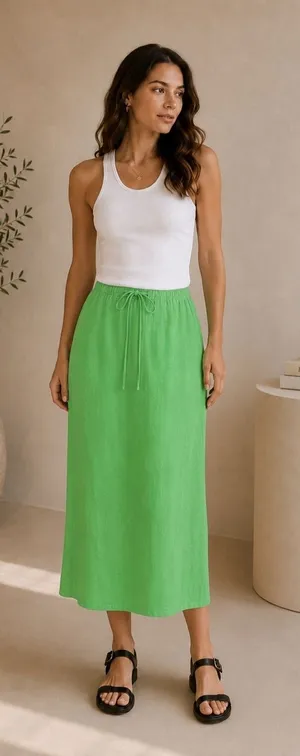 HYFVE Women’s Green Linen Blend Midi Skirt Drawstring Elastic Waist Flowy Casual thumbnail 1
