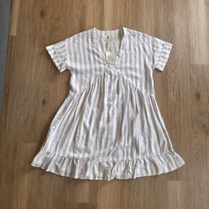 Cupio Babydoll Dress Linen Blend Blue White Stripe Medium Coastal Cottagecore thumbnail 11