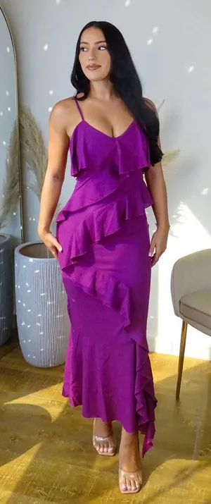 NWT ZARA LINEN BLEND RUFFLED SLIP DRESS in purple. Size Large thumbnail 1