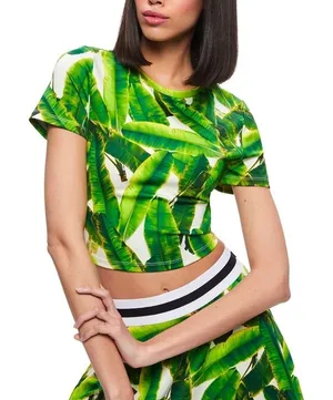 NWT alice + olivia Cindy Classic Cropped Crop T-Shirt Tee Shirt Sun Palm Green M thumbnail 1