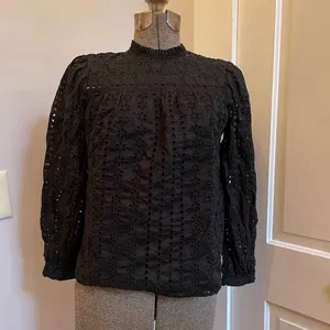 J. Crew Women's Tie Back Top in Black Cotton Ditsy Eyelet Mock Neck - Sz XS thumbnail 5