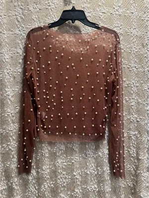 cropped top with pearls and long sleeves; pearl-embellished Sz L thumbnail 2
