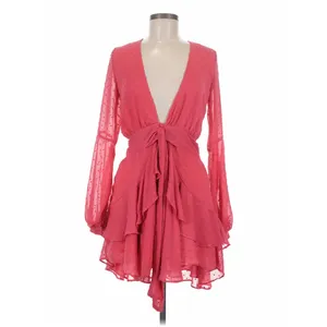 For Love & Lemons Coral Clip Dot Ruffle Mini Dress Deep V-Neck Long Sleeve Small thumbnail 3