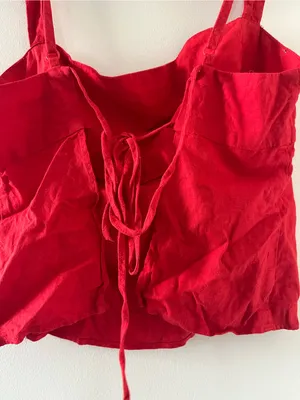Red 100% Cotton Corset Crop Top Large Lace Up Back Euro Summer Coastal thumbnail 5