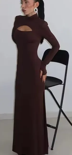 Long Sleeve Cutout Maxi Dress in Dark Brown thumbnail 1