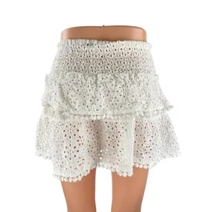 Women's White Floral Eyelet Embroidery Tiered Ruffled Mini Flare A-Line Skirt S thumbnail 4