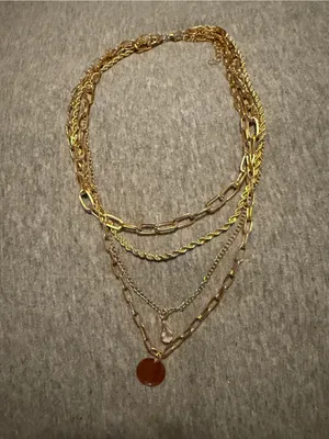 Layered 4- Strand Gold-Tone Multi-Chain Necklace with Amber Pendant thumbnail 3