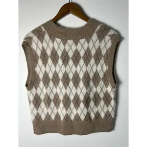 William Rast Wm Med Argyle Fuzzy Knit Sweater Vest Brown Tan V-Neck thumbnail 3