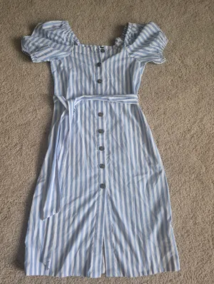 J. Crew Light Blue & White Striped Puff-Sleeve preppy summer Midi Dress XXS thumbnail 3