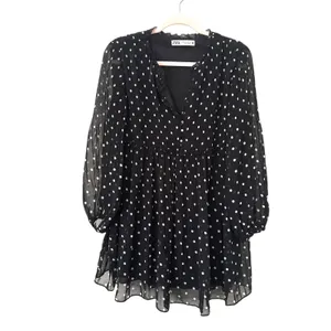 ZARA Polka‎ Dot Pleated Mini Dress Black White Medium thumbnail 2
