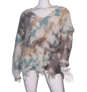 Main Strip Tie Dye Distressed V Neck Sweater thumbnail 5