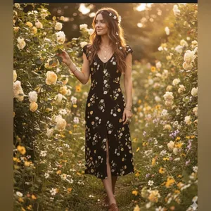 REFORMATION Black Floral Print WELLFLEET V-Neck Cutout Back Midi Dress thumbnail 3