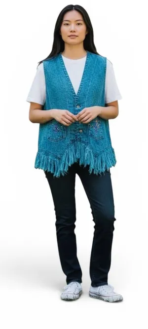 Arizona Jones Acid Denim Vest Sz XL Dyed Fringe Aztec Southwest Festival Tribal thumbnail 1