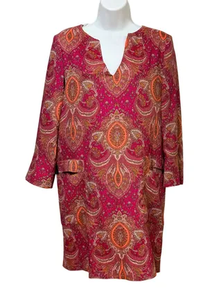 Zara Woman Pink Orange Paisley Split Neck Shift Dress 3/4 Sleeve Small Spain thumbnail 1