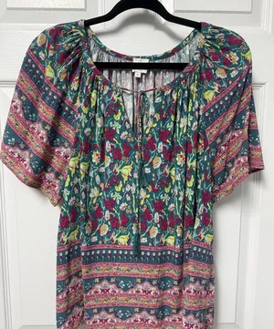 Joie Teal Floral Tie-Front Tunic with Burgundy & Yellow Accents thumbnail 1