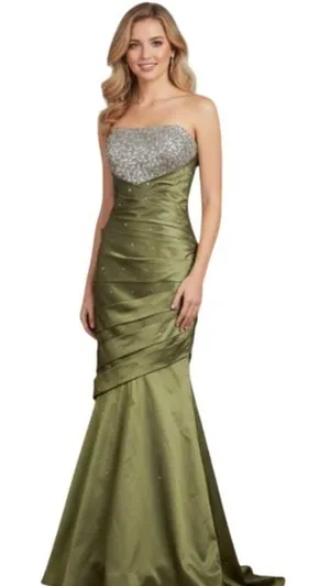 MoriLee Strapless Jewel Pleated Green Mermaid Gown 10 Formal Prom Pageant thumbnail 1