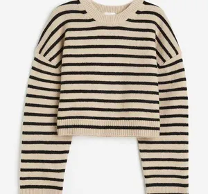 NWT H&M Beige Black Striped Pattern Dropped Shoulders Short Sweater Size Medium thumbnail 1