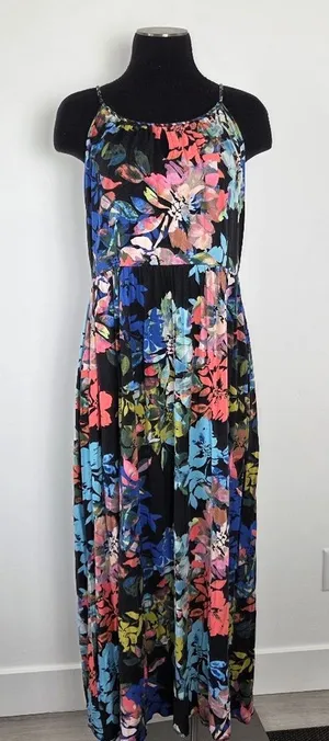 Lucy & Laurel Floral Maxi Dress Watercolor Sleeveless Vacation Braided XL thumbnail 1