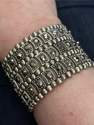 Silver Tone Hematite Rhinestone Wide Stretch Cuff Bracelet thumbnail 2