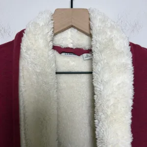 LL Bean Women‎ Cotton Cardigan XL Red Sherpa Lined Open Front Jacket thumbnail 4