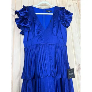 Lulus Stunning Desire Cobalt Blue Satin Pleated Tiered Midi Dress Wedding Medium thumbnail 4