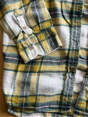 American Eagle Boyfriend Fit Plaid Flannel Shirt Medium Yellow Green thumbnail 3
