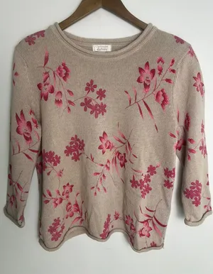 VTG Christopher Banks LG Floral Knit Sweater Tan Pink Linen Grandma Boho Cottage thumbnail 1