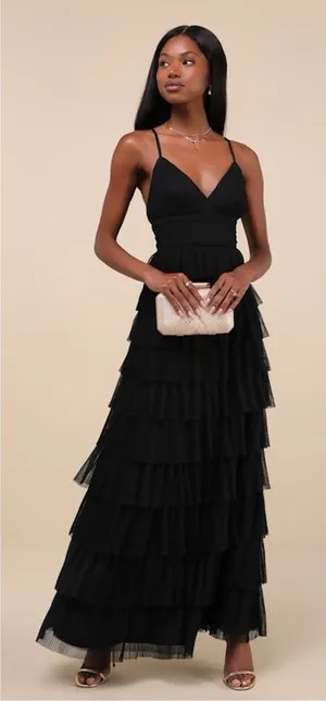 LULU’S Radiant Event Black Mesh Tiered Pleated Backless Maxi Dress thumbnail 1
